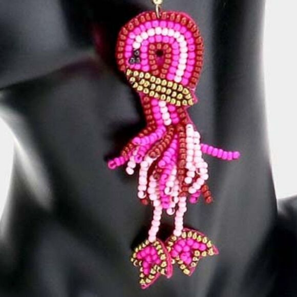 Flamingo Pink Seed Beaded Dangle Earrings - Picture 2 of 6